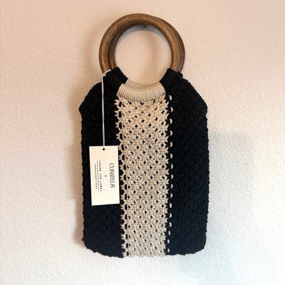 Laude the Label Handbags - Laude The Label NWT Gabby Mini Macrame Bag Black/White Wooden Handle Woven Purse